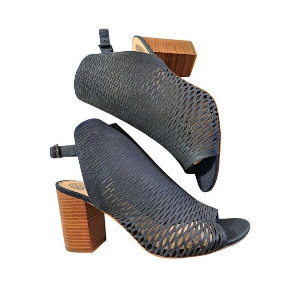 VINCE CAMUTO Badesti Black Suede Laser Cut Open Toe High Heel Booties NWOB Size - Picture 11 of 11